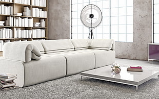 tufted white fabric sofa HD wallpaper