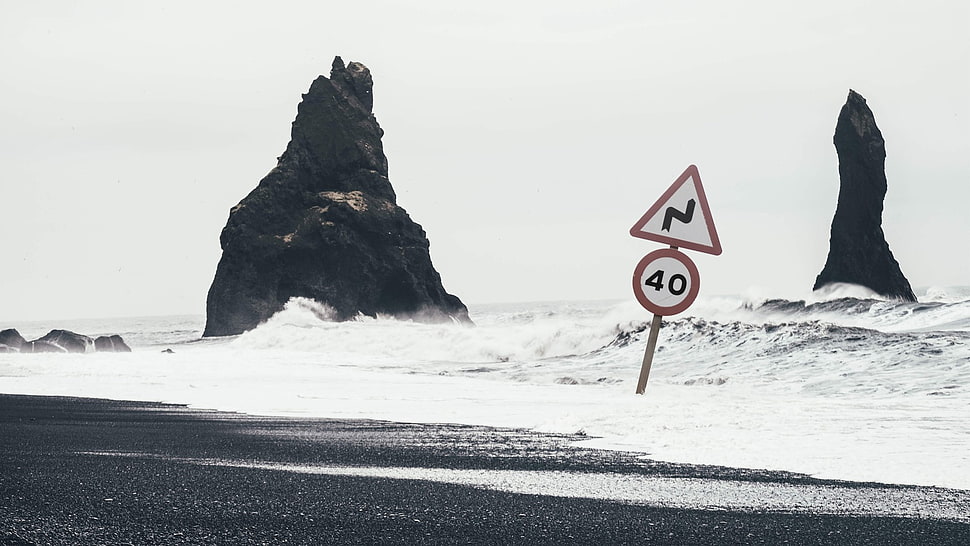 white and red signboard, beach, sign, waves HD wallpaper
