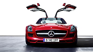 red Mercedes-Benz gullwing door car, Mercedes-Benz, Mercedes-Benz SLS AMG, Mercedes AMG Petronas, car