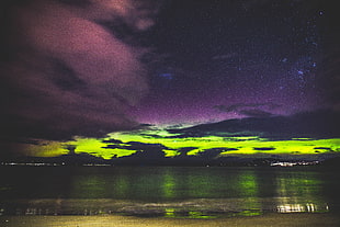 aurora borealis, Sea, Starry sky, Shore
