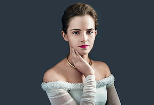 Emily Watson portrait ; women's white off-shoulder shirt