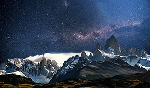 white snowy mountain, space, universe, stars HD wallpaper