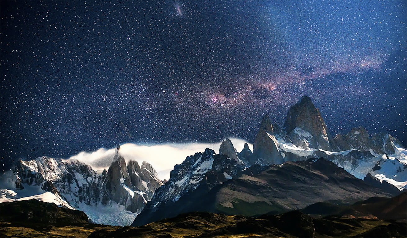 white snowy mountain, space, universe, stars