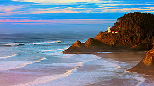 brown beach photo, coast, beach, waves, lighthouse HD wallpaper
