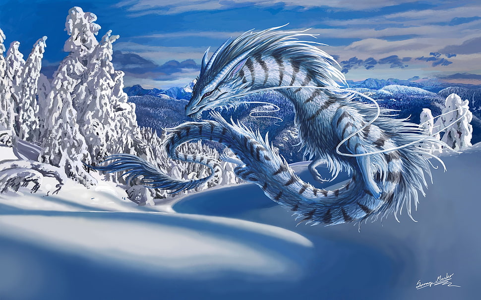 water dragon painting, dragon, digital art, fantasy art, nature HD wallpaper