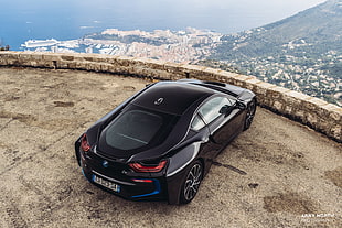 black coupe, BMW i8, black cars, sports car, Monaco HD wallpaper