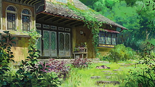 brown and yellow house beside tall trees and plants painting, house, cat, white flowers, Karigurashi no Arrietty