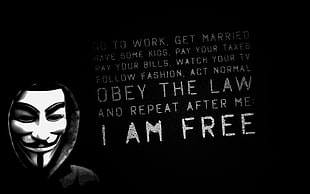 Guy Fawkes Mask, anonim's, mask, monochrome, text