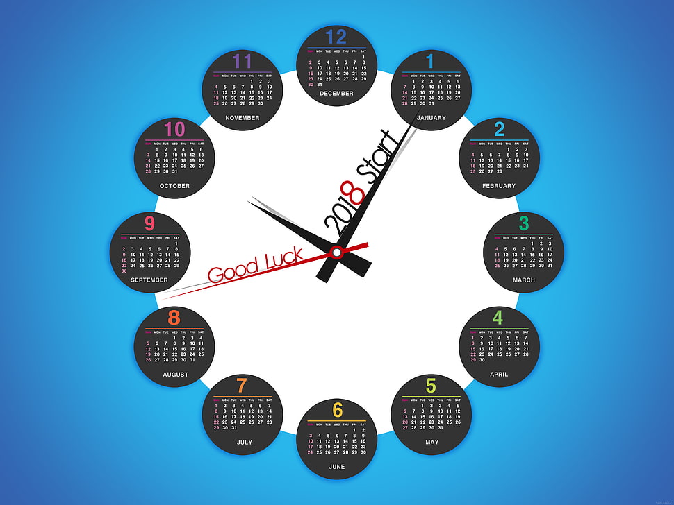 round white and black calendar analog clock, calendar, clocks, watch, good luck HD wallpaper