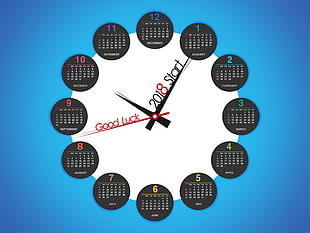 round white and black calendar analog clock, calendar, clocks, watch, good luck