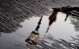 photography of wet road with street lamp reflection during daytime