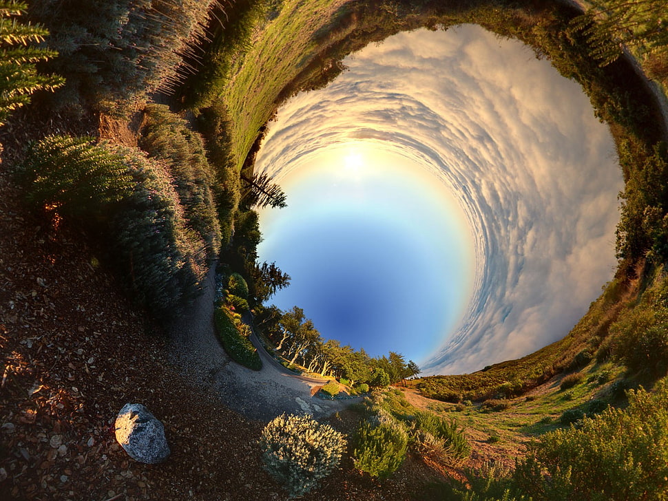 fish-eye lens photography of body of water near trees, panoramas, nature, panoramic sphere, clouds HD wallpaper