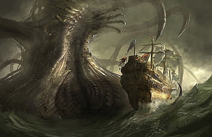brown ship on sea near brown monster digital wallpaper, sailing ship, fantasy art, creature HD wallpaper