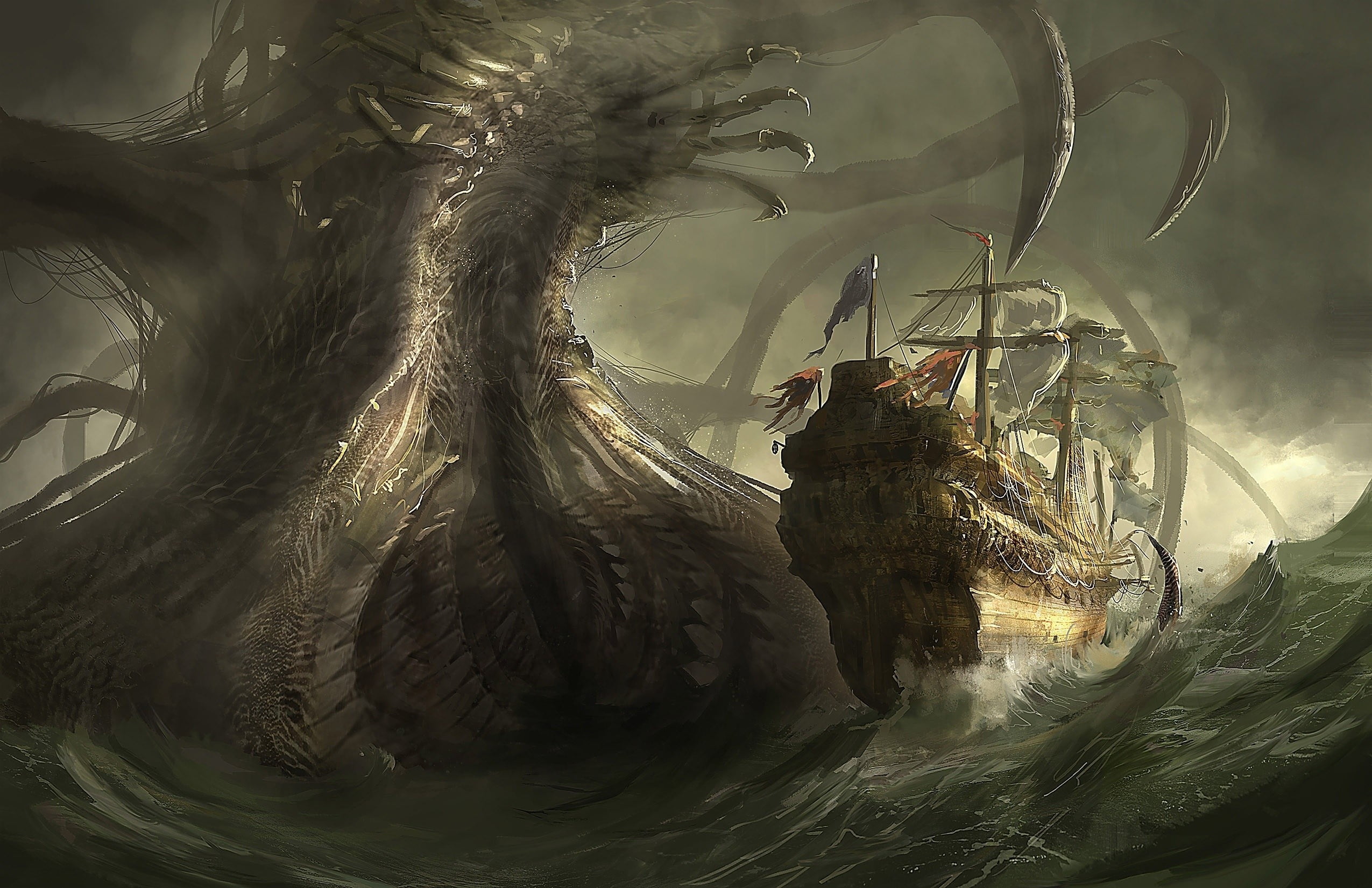 brown ship on sea near brown monster digital wallpaper, sailing ship, fantasy art, creature