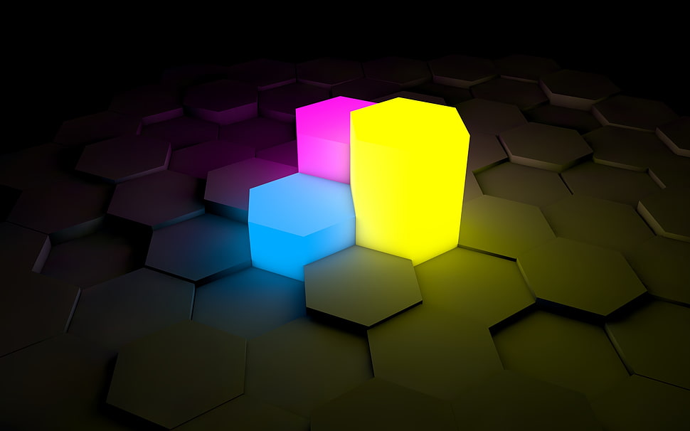 three yellow, blue, and purple LED lights HD wallpaper