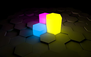 three yellow, blue, and purple LED lights