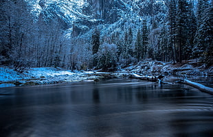 body of water with snow-capped mountain at distance, landscape, snow, Yosemite National Park