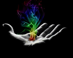 human palm, photo manipulation, colorful, selective coloring, smoke