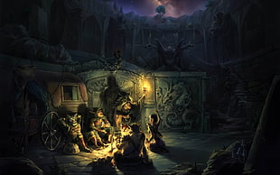black and brown wooden table, fantasy art, campfire, Anthro