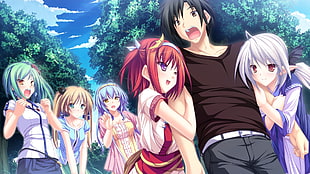 five anime female and one male anime character near trees