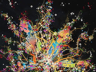 red, yellow, and blue flower painting, artwork, abstract, psychedelic, circle