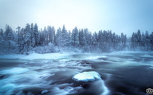 timelapse photography of body of water near snow trees during winter