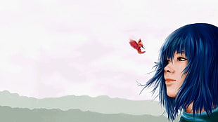 female in blue hair in front bird graphics wallpaper