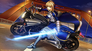woman holding sword riding motorcycle anime character