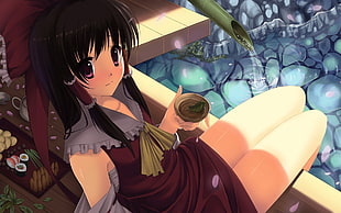 anime character girl wearing red dress laying down and holding cup with left hand