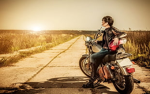 black touring motorcycle, women, motorcycle, jeans, women with motorcycles HD wallpaper