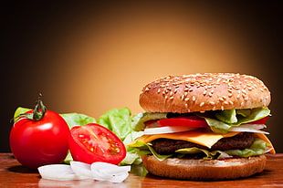 tomato and burger bun, food, tomatoes, hamburgers, salad HD wallpaper