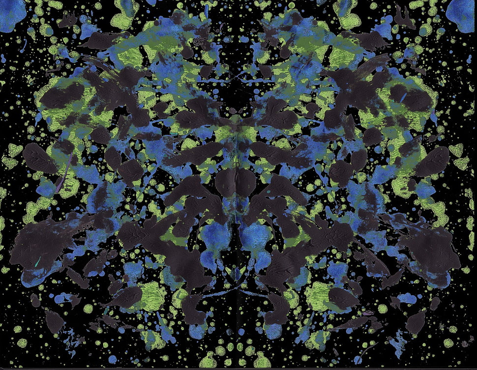 black, green, and blue painting, ink, paint splatter, symmetry, Rorschach test HD wallpaper