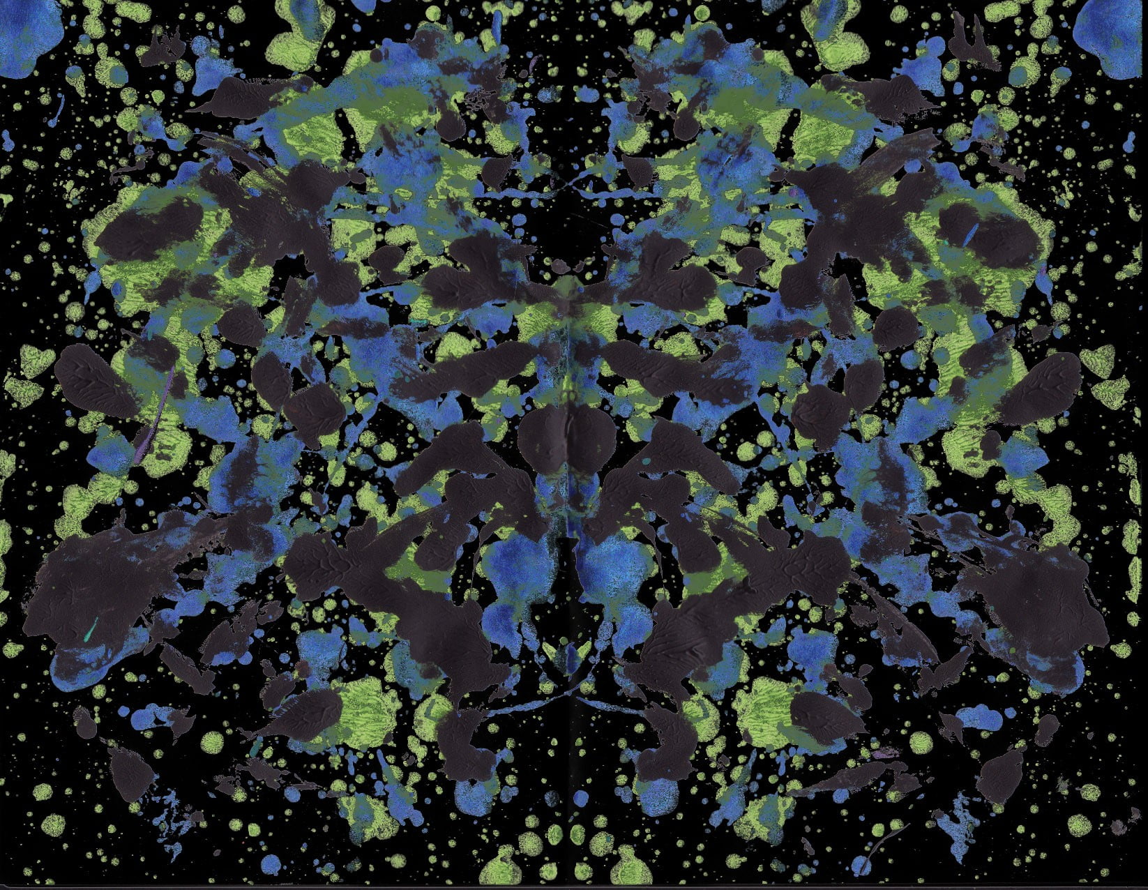 black, green, and blue painting, ink, paint splatter, symmetry, Rorschach test