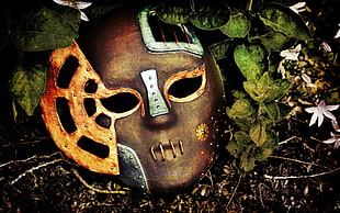 brown mask on green leaves