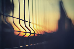 black steel fence, sunset, fence