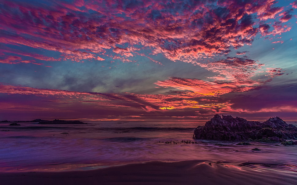 black rock formation, landscape, California, sunset, clouds HD wallpaper