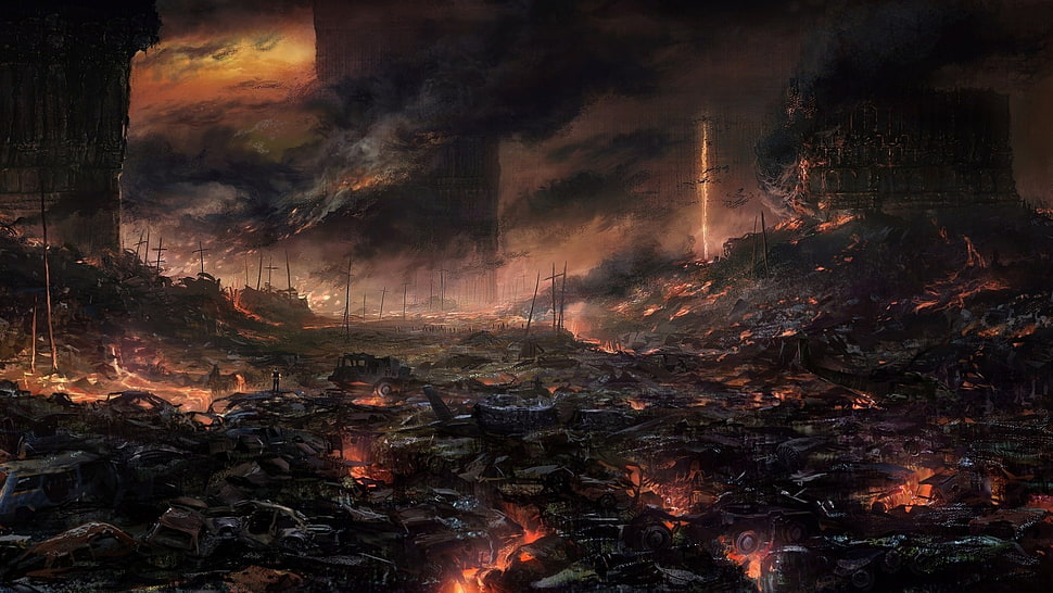 building burned by lava, artwork, apocalyptic, fire, wasteland HD wallpaper