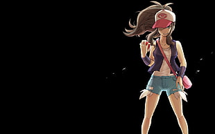 female anime character wearing purple vest and teal shorts