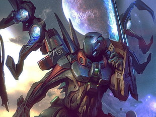 gray and red armor artwork, machine, science fiction, Galaxy Saga