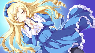 female blonde haired with blue and white dress anime character