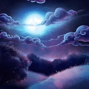 white clouds and blue full moon illustration