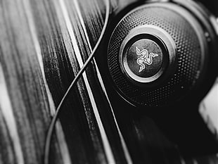 grayscale photo of Razer headset, Razer Kraken, headphones, blurred, monochrome
