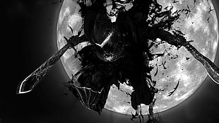 digital wallpaper of person holding sword during full moon HD wallpaper