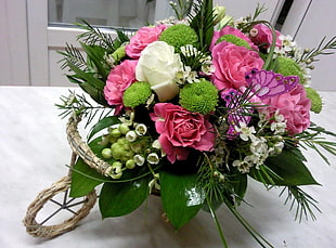 pink and white Roses, green Chrysanthemums flower arrangement