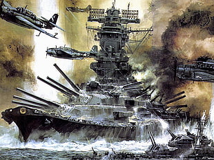 battleship and war planes painting, World War II, Yamato, battleships, war HD wallpaper