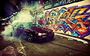 red sedan, Stance, burn, car, graffiti