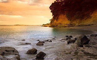 landscape photo of body of water near clif HD wallpaper