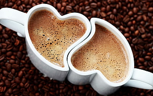 two white ceramic coffee mugs, coffee, drink, coffee beans HD wallpaper