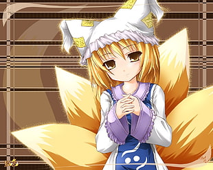 yellow haired anime with fox tail digital wallpaper