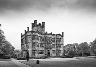 grayscale photography of building ], monochrome, architecture, Gawthorpe Hall